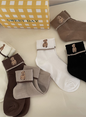 chubby baby*春夏款 小熊又来啦清新学院风翻边刺绣歪头小熊短袜