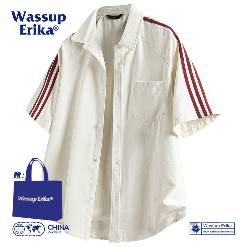 WASSUP ERIKA条纹短袖衬衫男夏季日系复古翻领外套冰丝薄款衬衣服