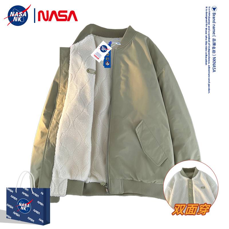 NASA联名棉服男款加绒外套冬季美式棒球服潮牌双面穿棉衣男士棉袄