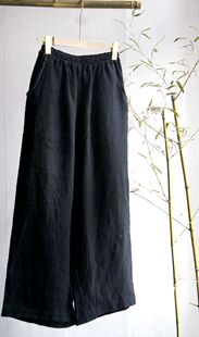 墨香柜中缘原创通勤文艺黑色斜纹亚麻阔腿长裤 白色刺子绣百搭女秋