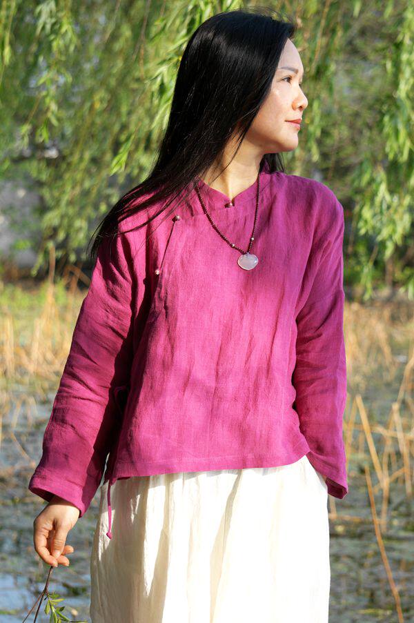 桃夭柜中缘原创中式温柔甜美旧玫粉色薄亚麻大襟短上衣女春