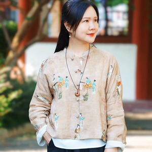 丽人行柜中缘原创新中式唐装薄外套古典仕女图飘洒苎麻女秋