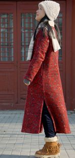 那年花开柜中缘原创中式红色印花棉麻中式棉袍文艺复古斜襟长女冬