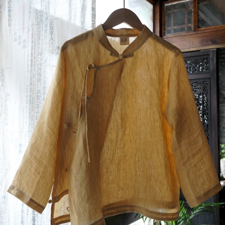 君子兰柜中缘原创鹅黄色织粉色高品亚麻汉麻中式小衫茶服上衣女夏
