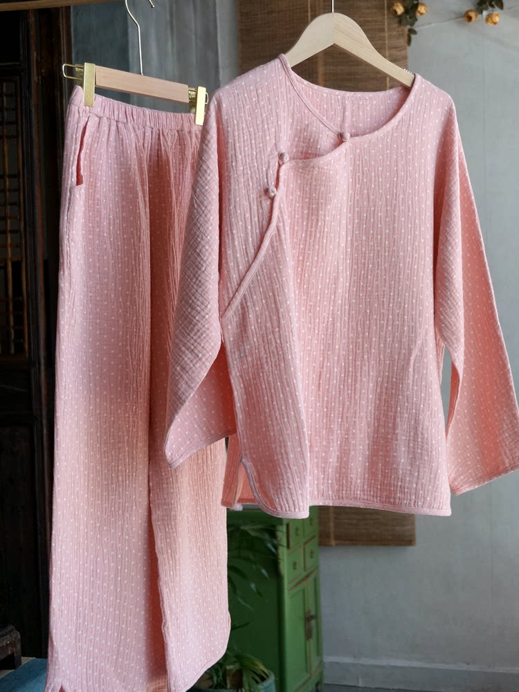 柜中缘粉色纯棉中式家居服套装