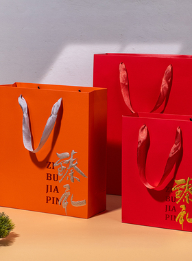新款红色燕窝手提袋烫金臻礼橙色纸袋虫草海参石斛通用伴手礼袋子