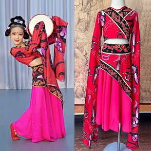 儿童汉唐楚优舞蹈服中国风古典舞民族服踏鼓声声红色水袖 演出服装