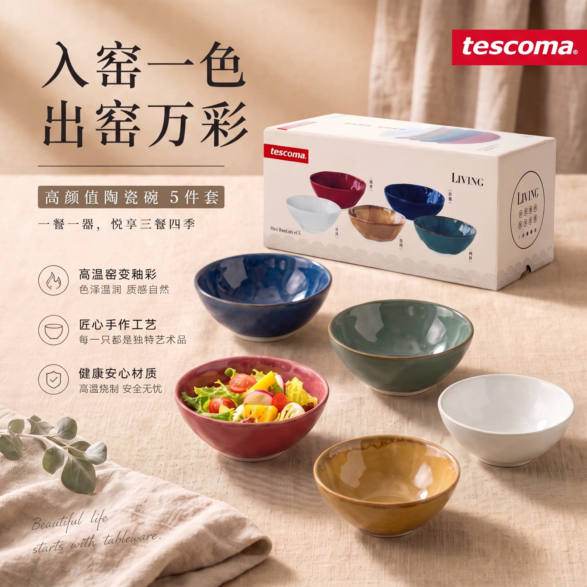 tescoma 进口陶瓷碗餐具套装家用饭碗5件套碗家用2026新款高颜值