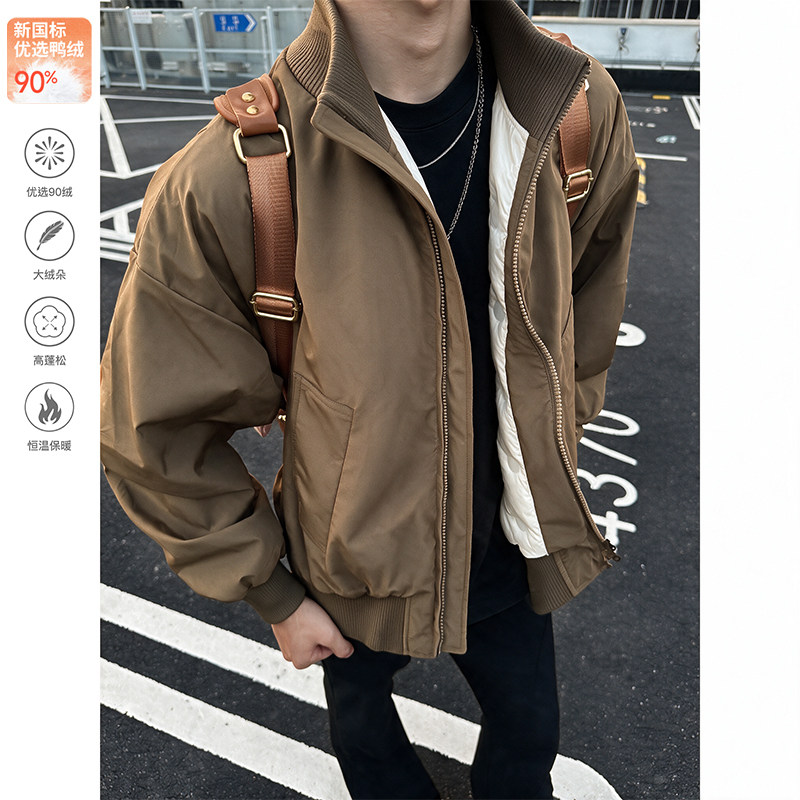 棕色白鸭绒立领羽绒服男款冬季潮牌cleanfit防寒保暖工装棉服外套