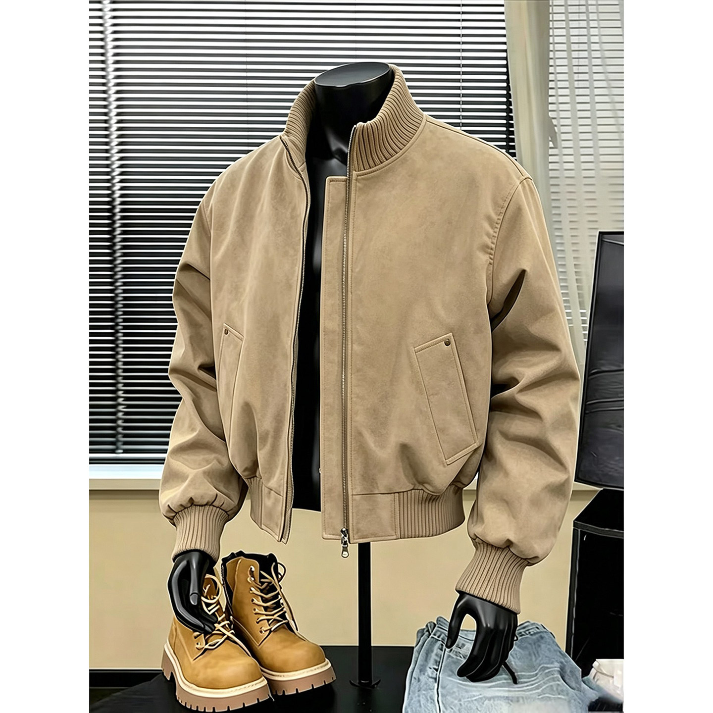 卡其色美式复古皮衣外套男秋季短款boxy机车飞行员夹克立领棒球服