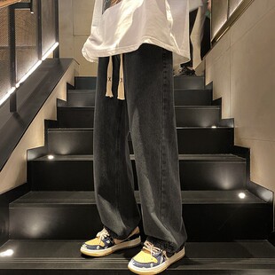 纯色牛仔裤男款秋季直筒宽松大码阔腿裤美式潮牌休闲长裤子男生