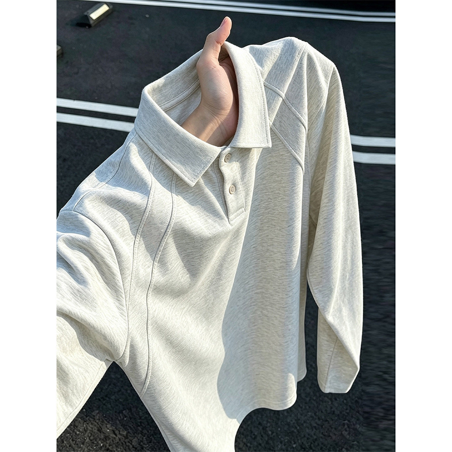 灰色正肩长袖polo衫男款秋季美式boxy版型卫衣cleanfit拼接打底衫