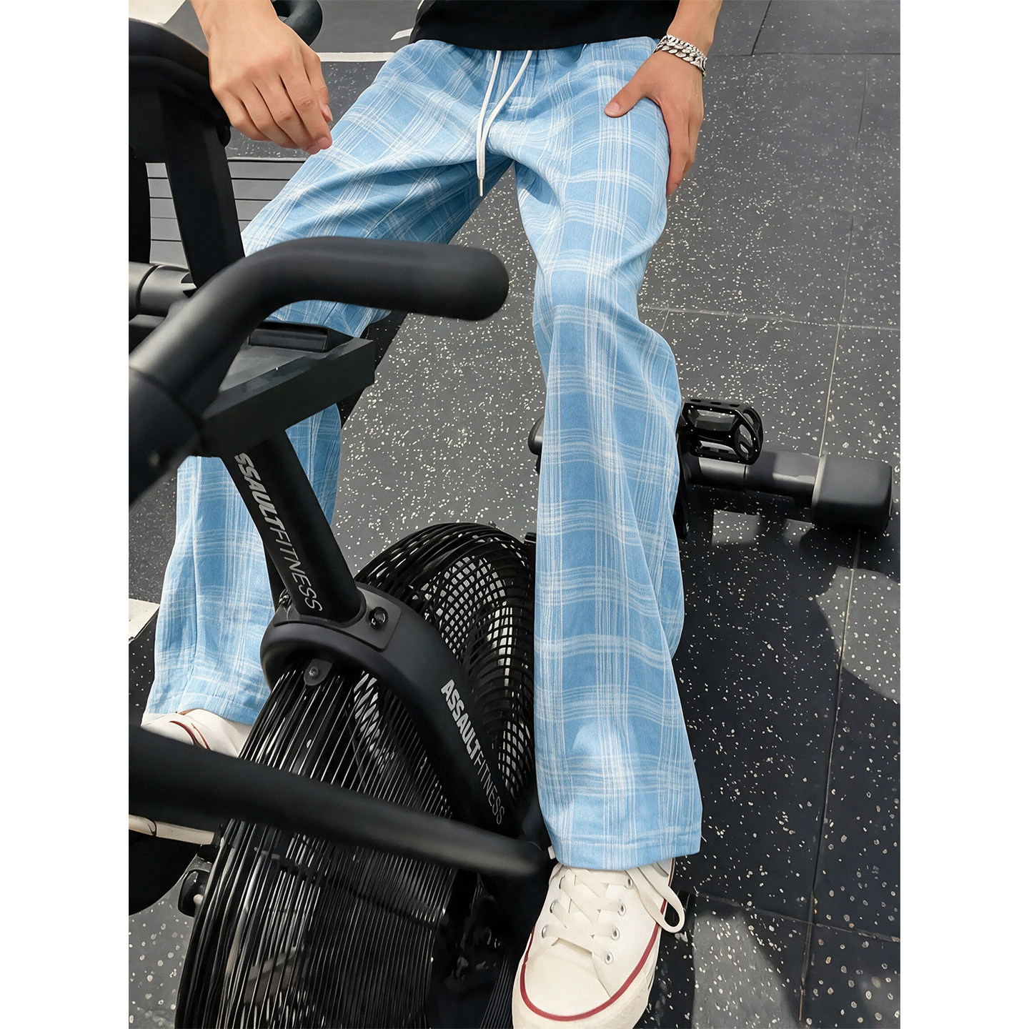 美式宽松微喇运动格子裤男款秋季cleanfit复古高街潮牌休闲长裤