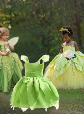 小叮当精灵连衣裙tinker bell女童公主裙蒂安娜Tiana角色扮演礼服