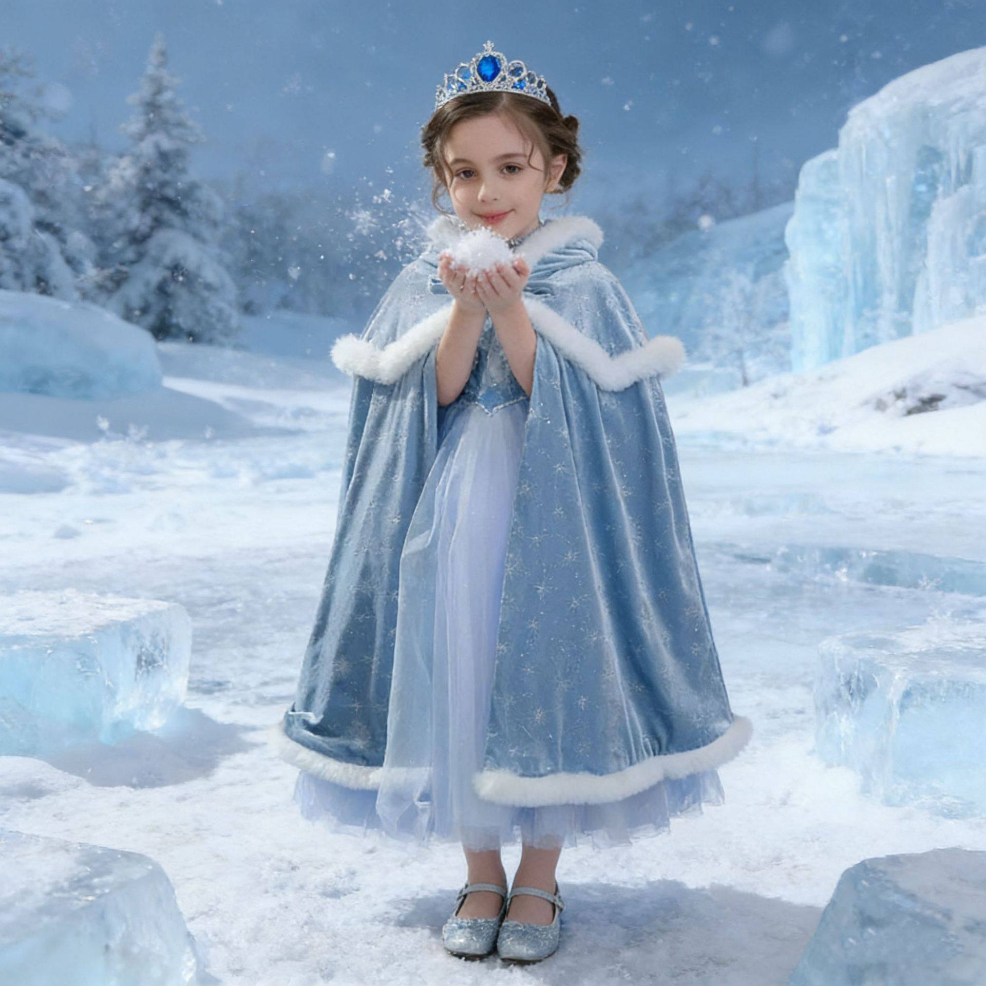 圣诞节女童艾莎公主裙丝绒斗篷毛毛球连帽外套爱莎秋冬雪花大披风