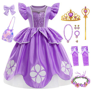 长发公主苏菲亚公主裙女童sofia飞袖亮片长裙儿童节派对表演礼服