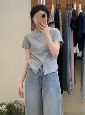 灰色立领短袖女士t恤2025夏季新款小紧身修身Look高端短上衣潮流