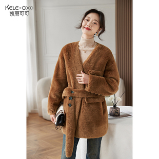 KELE 节日氛围系带保暖全羊毛羊剪绒皮草 COCO