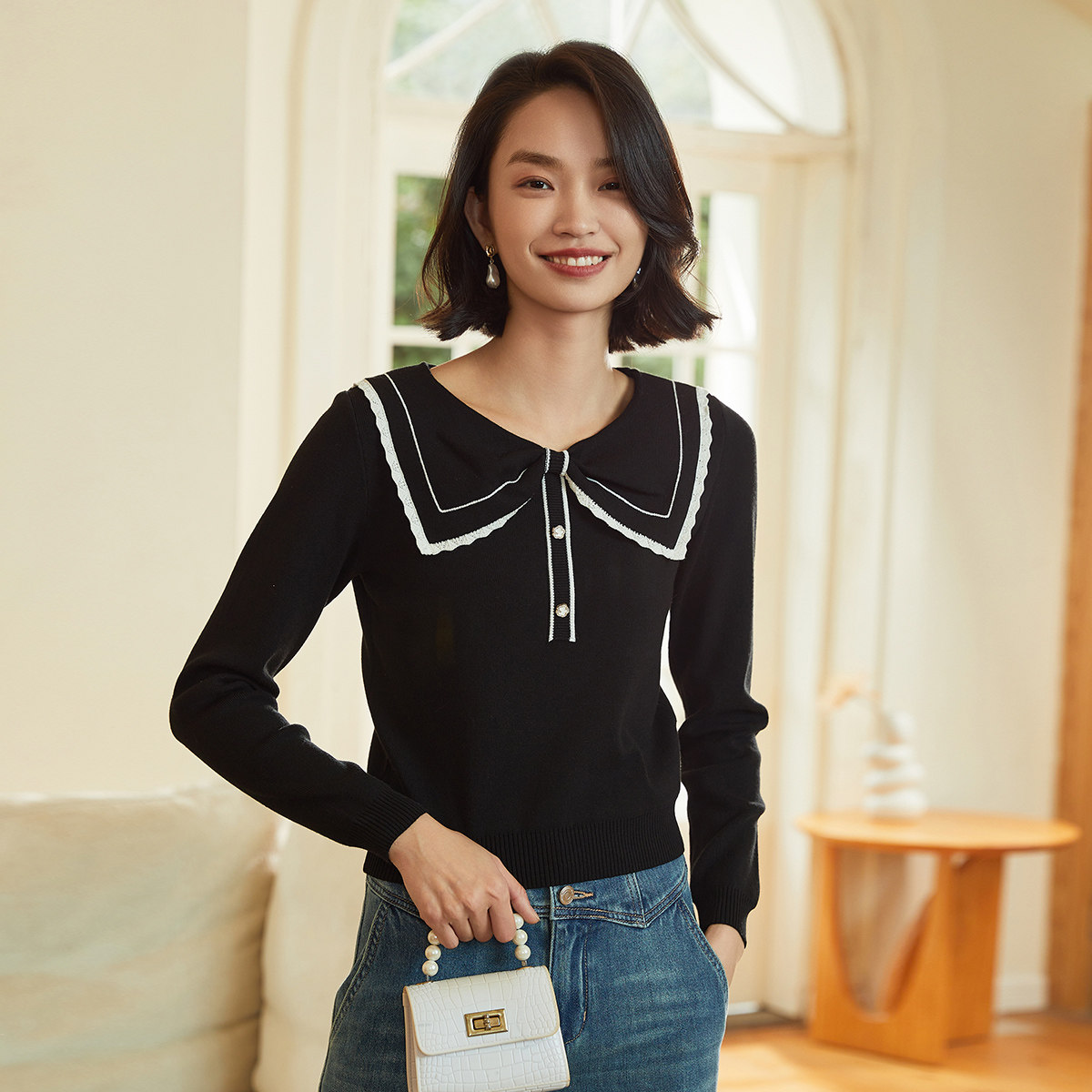 阿依莲a.yilian 百搭蝴蝶结毛衫