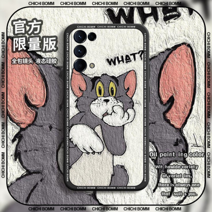 适用OPPOReno5手机壳潮牌卡通液态硅胶reno8油画汤姆reno6时尚个性创意reno7男女保护reno8pro+软壳防摔