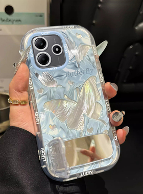 适用蓝色蝴蝶红米note14pro+手机壳13R镜面12支架11T新款10羽纱9防摔turbo4保护套redmi高级感少女心全包渐变