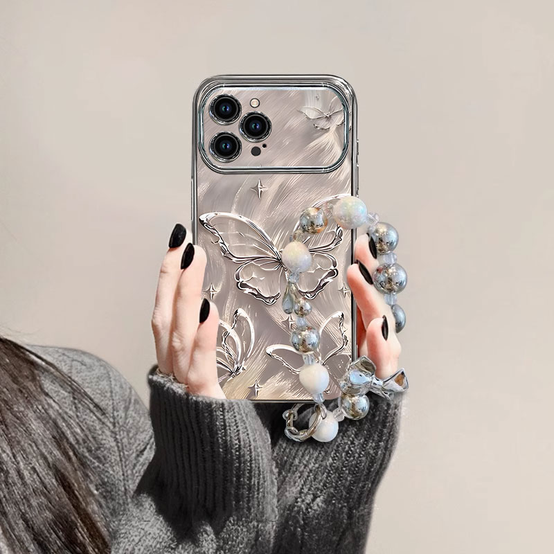 适用苹果15promax手机壳iphone15新款14pro电镀大视窗13女满屏蝴蝶12高级感11唯美轻奢风创意带手链xsmax/XR