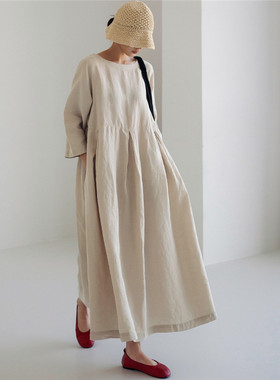 大码宽松棉麻连衣裙bf套头圆领过膝长裙气质学院风森女系打底衫潮