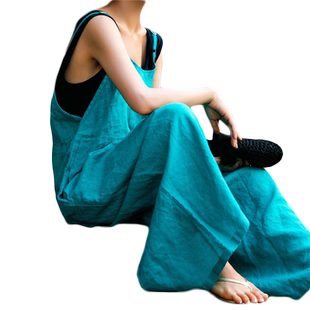 新款阔腿连体裤裙大码棉麻吊带裤bf风休闲学生九分宽松亚麻背带裤