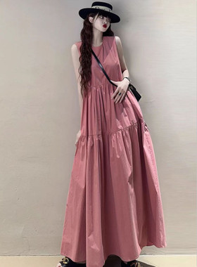 宽松大码无袖连衣裙长款圆领高腰娃娃裙bf风休闲学生过膝打底长裙