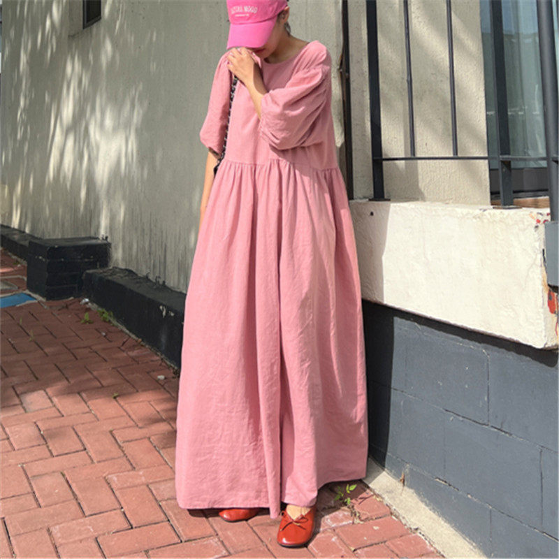 新款亚麻女过膝长款bf风休闲学生宽松大码泡泡袖娃娃裙,女装/女士精品,连衣裙,淘宝优惠券,粉丝福利购,淘宝优惠卷