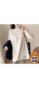德绒半高领打底衫女秋冬季加绒加厚中长款白色遮屁股长袖宽松t恤