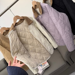 秋冬菱形格绗缝翻领拆卸充气绒棉衣 绵羊毛填充 巴恩复古风 女款