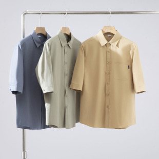 100棉！吸热排汗 男士夏季商务休闲纯色翻领大口袋七分袖中袖衬衣