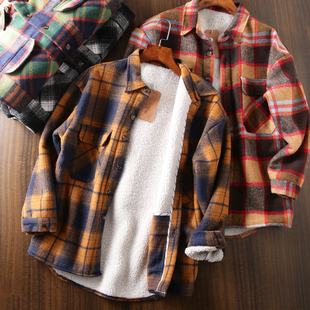 出口西班牙 外套男小棉衣 秋冬翻领加绒加厚格子磨毛仿羊羔绒衬衫