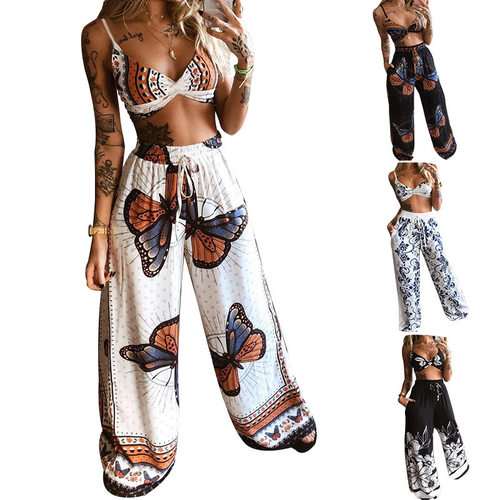 2024print sexy strapless loose wide leg pants two-piece set