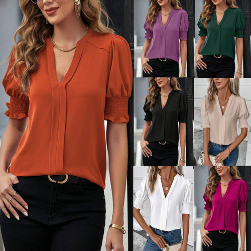 Summer new V-neck bubble sleeve solid color shirt women top