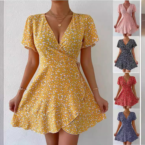 Floral lace up waist cinching short sleeved V-neck dress
