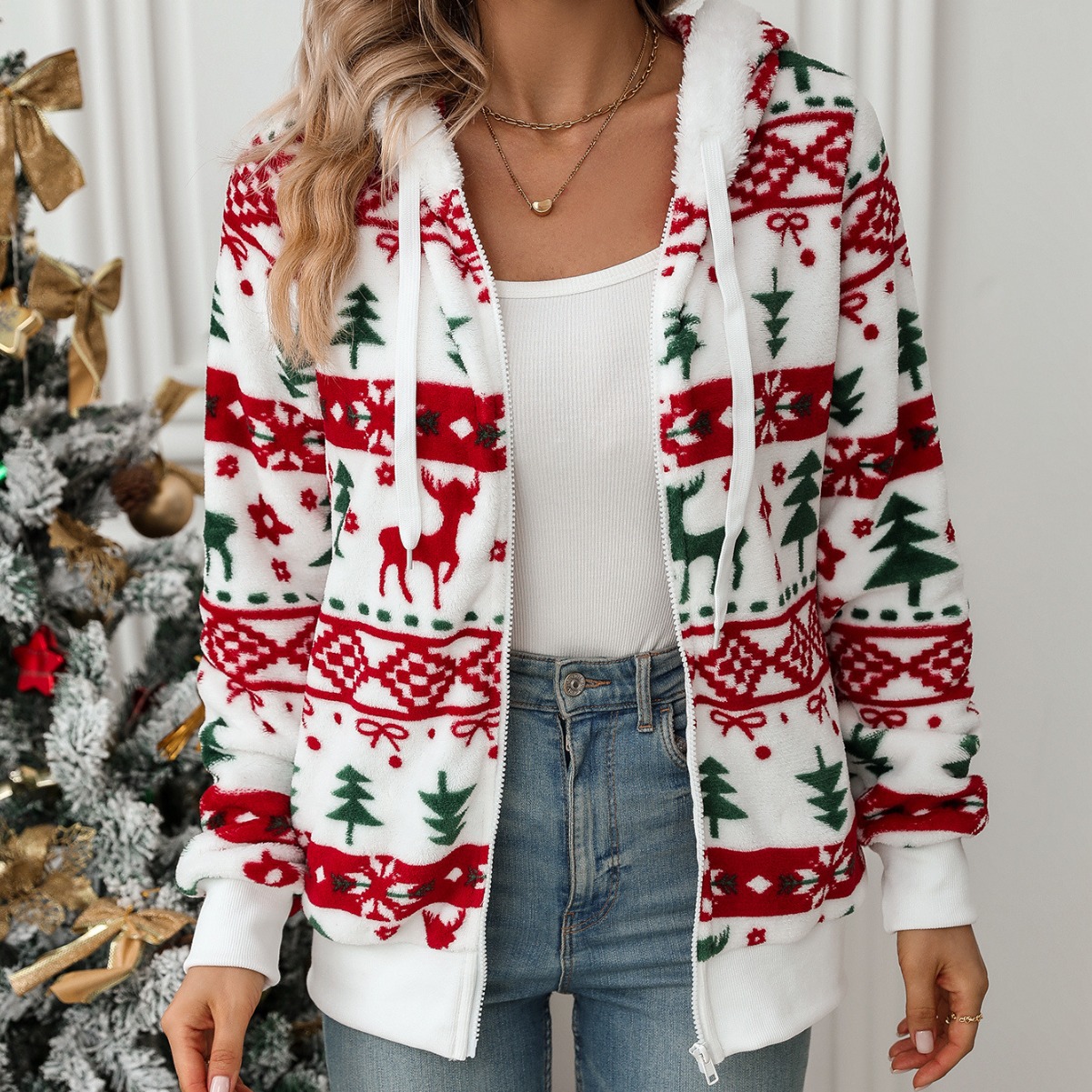 2025 cardigan Christmas printed plush jacket 毛绒外套