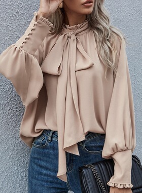 High neck bow tie tied bubble long sleeved women's loose top