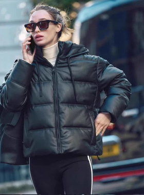 2025 Faux Leather Hooded Flannel Jacket Thick Coats 夹克外套