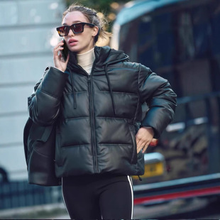 2025 Faux Leather Hooded Flannel Jacket Thick Coats 夹克外套