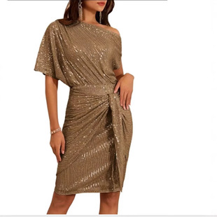 Ladies' club shoulder pleated toast dress fashionable dress