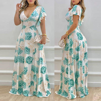 2023 Floral V-Neck Waist Wrap Print Large Swing Dress 连衣裙