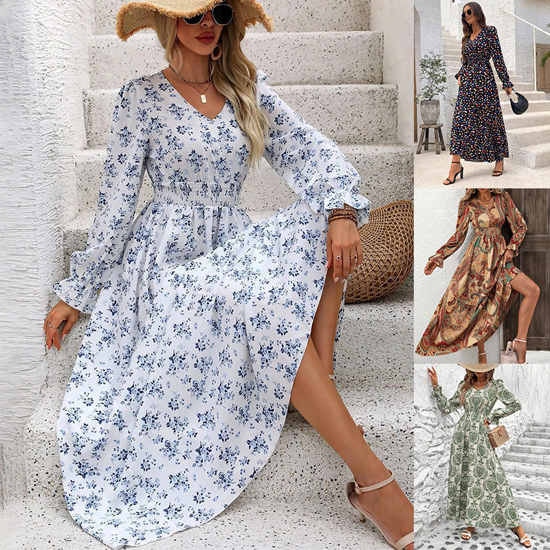 2025 print versatile V-neck big swing dress 连衣裙