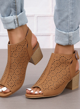 2023 Laser loophole thick heeled Roman women's sandals