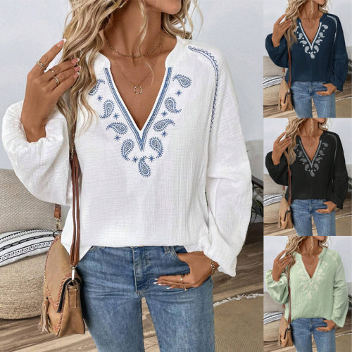 Famous ethnic style fashion V-neck embroidered cotton top