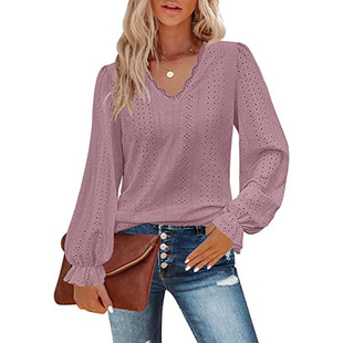 V-neck T-shirt hollowe out casual pleated sleeves, top shirt