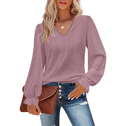 V-neck T-shirt hollowe out casual pleated sleeves, top shirt