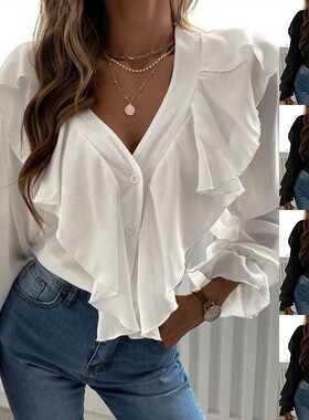 Women's new V-neck ruffled top long sleeved shirt 上衣衬衫