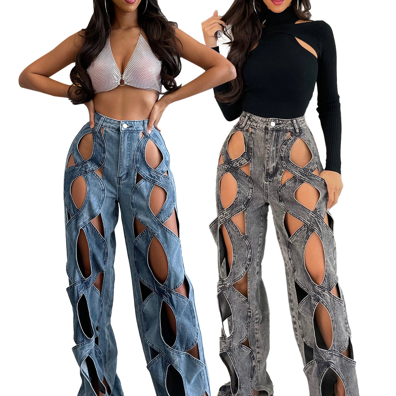 Elastic denim fabric, loose fitting large straight leg jeans